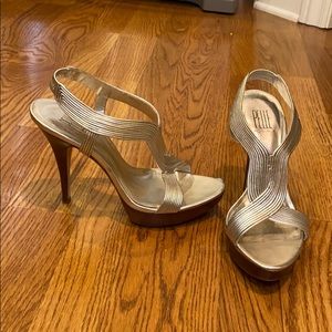 Gold platform wood sole heels